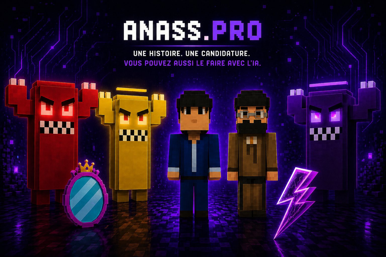 Affiche d'anass.pro — Anass, Karim et les trois boss, avec le miroir et l'éclair, sous le titre ANASS.PRO et la tagline « Une histoire. Une candidature. Vous pouvez aussi le faire avec l'IA. »